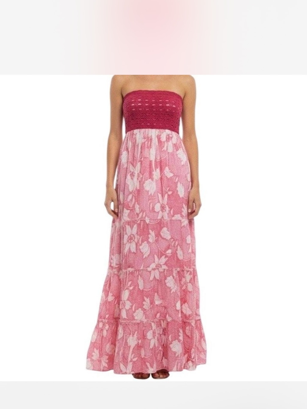 Chaudry Smocked Strapless Floral Maxi Dress in Pink